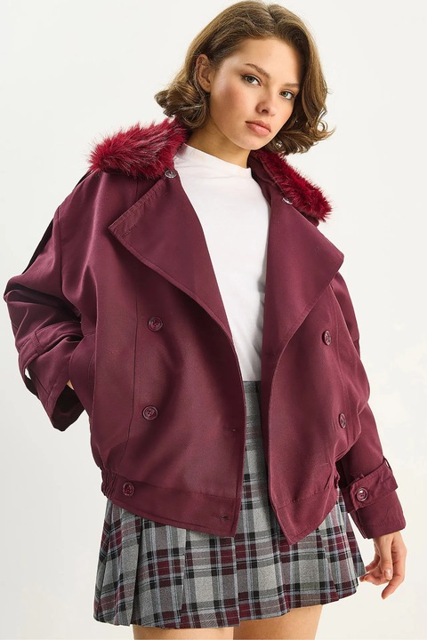 Trench dama, HiCCUP, trenci cu guler de blana artificiala, rosu burgund, textil