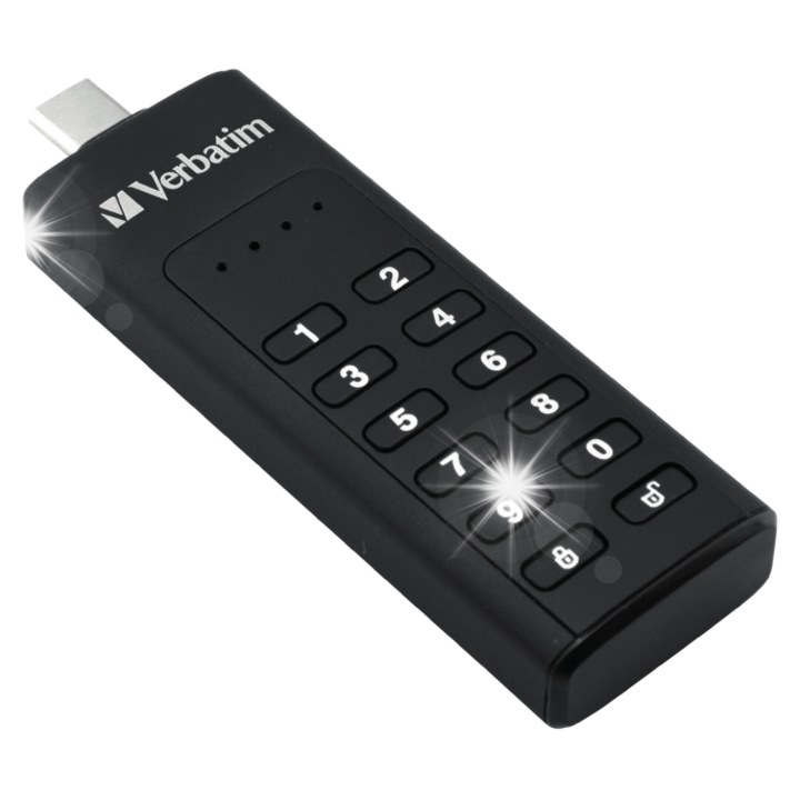 Флашка Verbatim Keypad Secure, 128 GB, USB-C, 160 MB/s, 150 MB/s, черна, 93.5x28x12mm