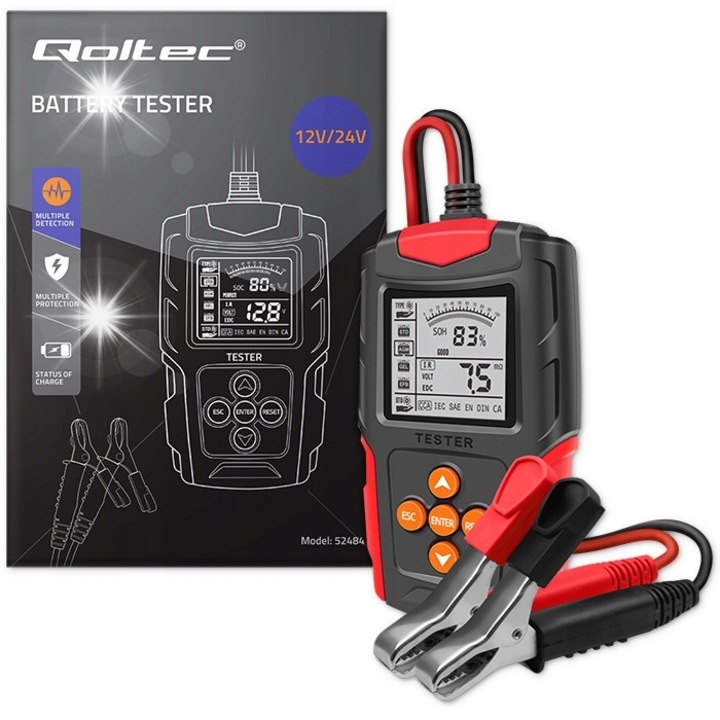 Qoltec 12V 24V 3Ah-200Ah digitális akkumulátor tesztelő, LCD kijelző, kompakt, fordított polaritás elleni védelem