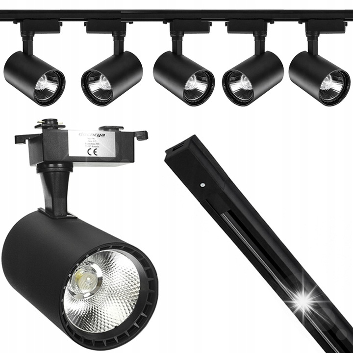 Комплект от 5 регулируеми спота Decorya, 30W, черен цвят, 1м, топла бяла светлина