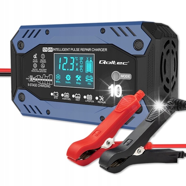 Qoltec Intelligens töltő 12-24V 10A javító funkcióval, LCD, 9 töltési fokozat, 92x155x60mm