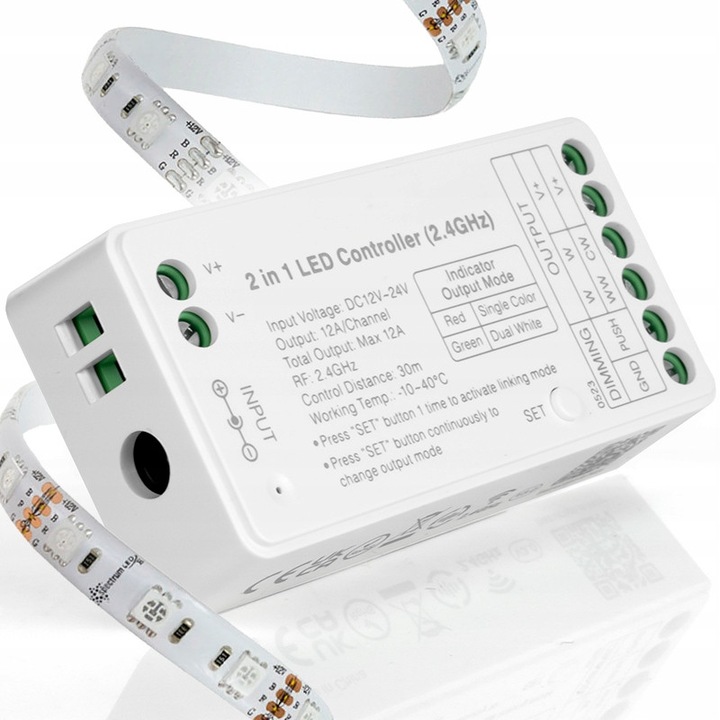 Rádiós vezérlő CCT LED szalagokhoz, Decorya, 12V-24V, 30m, 7.5x3.6x1.7cm