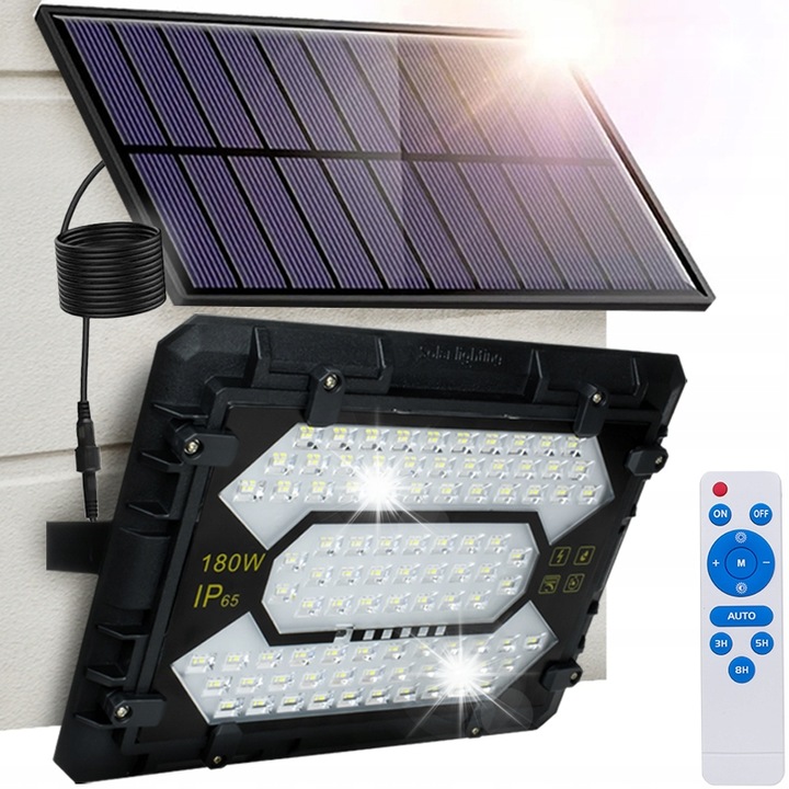 Халогенен солар, Decorya, 180W, 15000 lm, IP65, със соларен панел и дистанционно управление, комплект