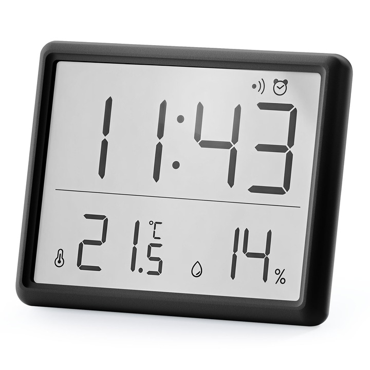 Termometru si higrometru de interior, eleBite®, portabil, display digital LCD, indicator confort, format 12/24h, afisaj ceas, alarma, Fahrenheit/Celsius, montare pe perete/magnetica/suport, 95x75x15 mm, negru