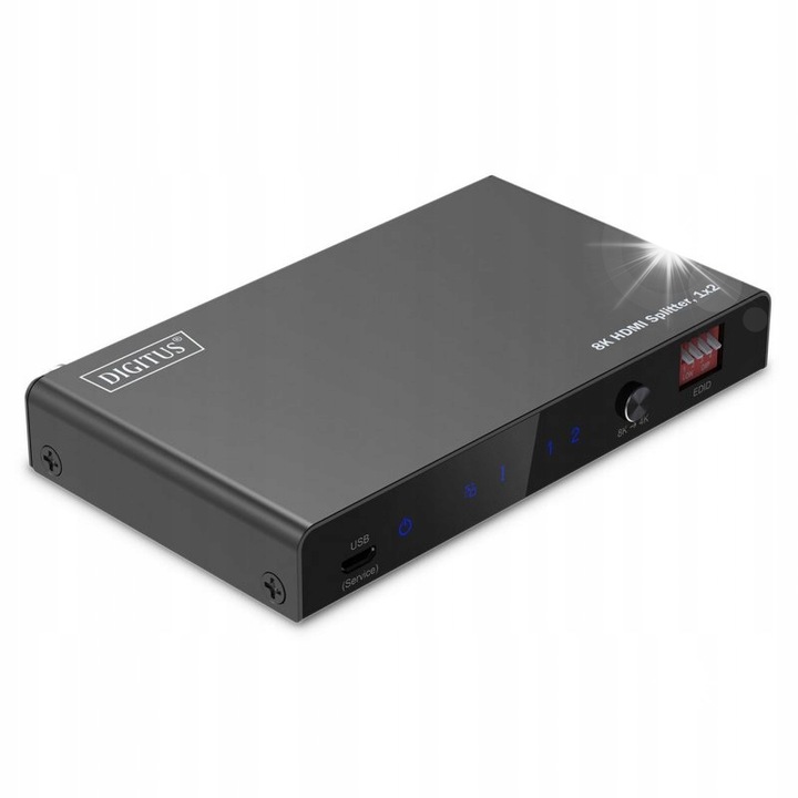 HDMI elosztó 1x2, 8K/60Hz, HDR, 48 Gbps, fekete, 12,2x7,1x1,8cm, tápegységgel