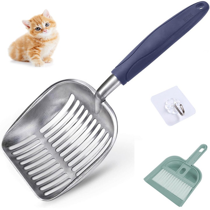 Lopata de litiera pentru pisici Axroad Mall, 35 x 14 x 4.5 cm, maner ergonomic cu agatator, aliaj de aluminiu si cauciuc, rezistent la rugina si coroziune, usor de curatat, albastru