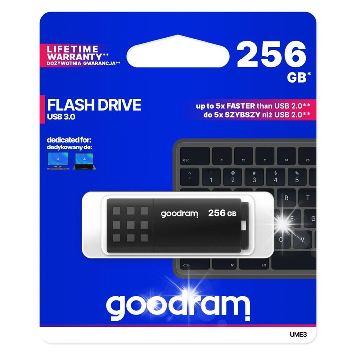 Pendrive 256GB, Goodram, UME3, USB 3.0, fekete, 55x21mm
