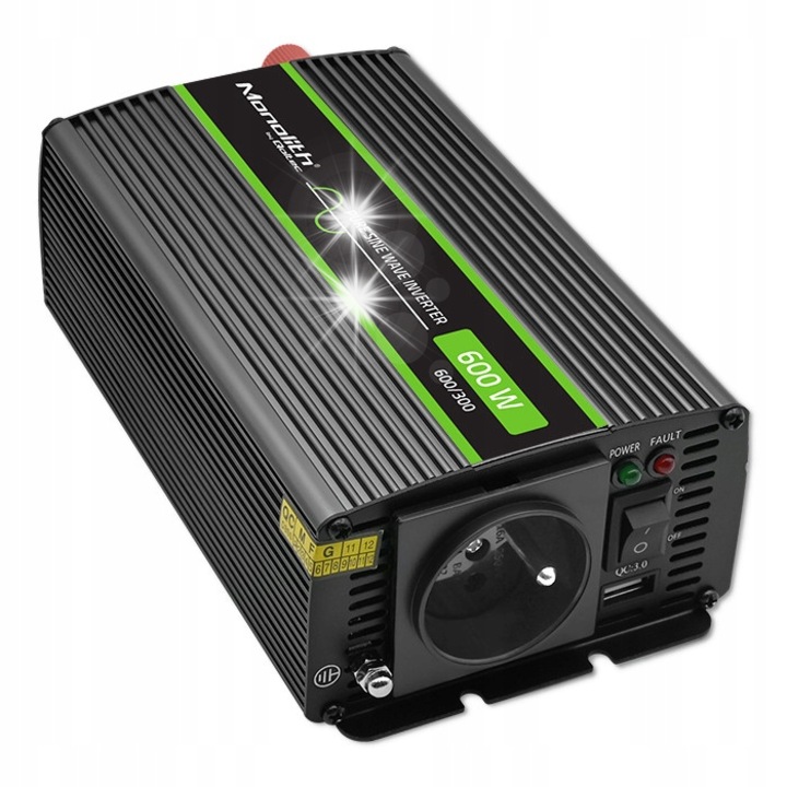 Инвертор на напрежение Qoltec Monolith 300W/600W, 12V към 230V