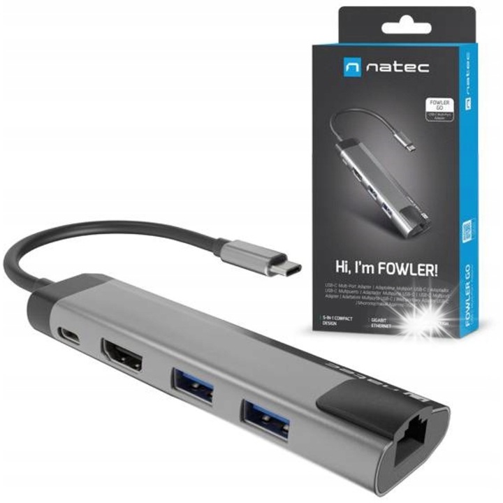 Natec Fowler Go dokkolóállomás, 2x USB 3.0, HDMI 4K, RJ-45, szürke, 114x29x16mm