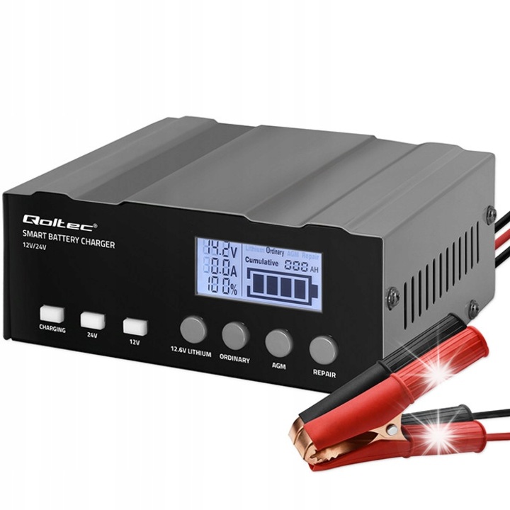 Qoltec 12V/24V autós töltő, 12A, javítási funkcióval, LCD, 4 töltési fokozat, 135x172x72mm
