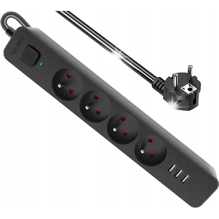 Удължител 5м, 4 контакта, 3 USB, Defender, черен