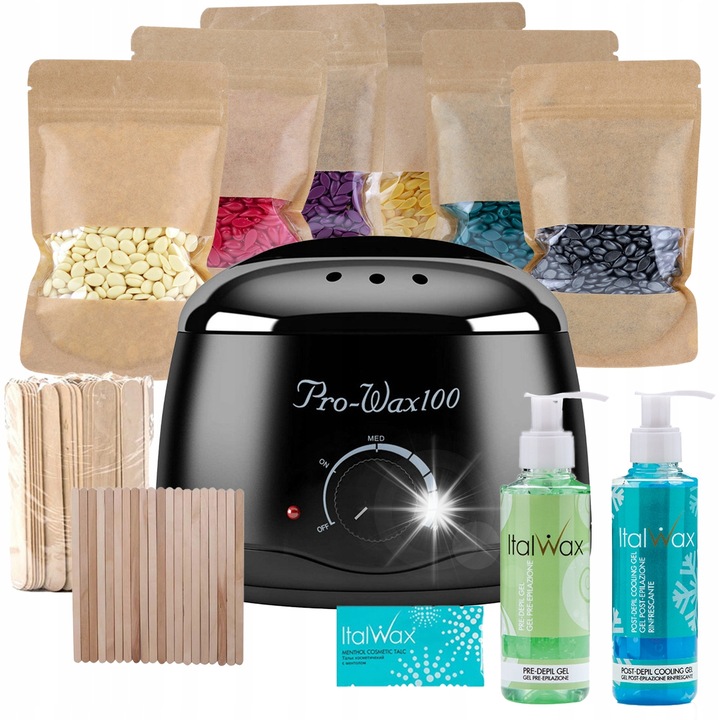 Комплект за обезкосмяване ItalWax, 6x твърда вакса, 1x нагревател Pro-Wax 100, 1x гел преди и след обезкосмяване 100мл, 70 дървени шпатули