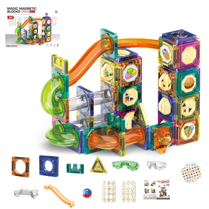 Магнитен конструктор Fantasy, 94 части, силни магнити, писта за топчета, 3 години+