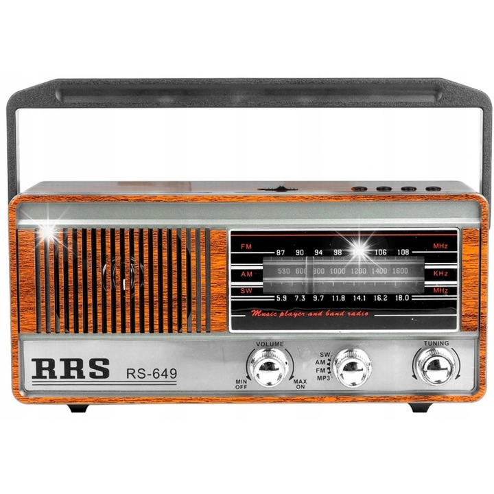 Ретро преносимо радио RS-649, 3 ленти, телескопична антена 60см, LED, USB, AUX, microSD