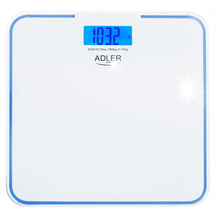 Кантар за тяло Adler AD 8183, 180 кг, закалено стъкло, синя подсветка, 300x300x25 мм