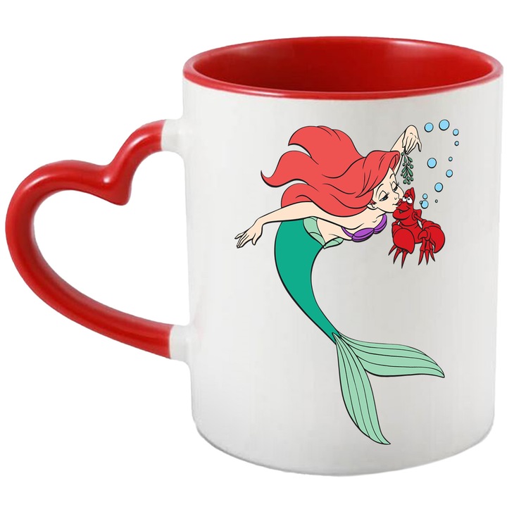 Cana Cu Ariel din Mica Sirena – Design Disney Elegant, Cadou Inspirat si Fermecator, Ceramica, 330ML, Cu Maner Inima Rosie si Interior Rosu