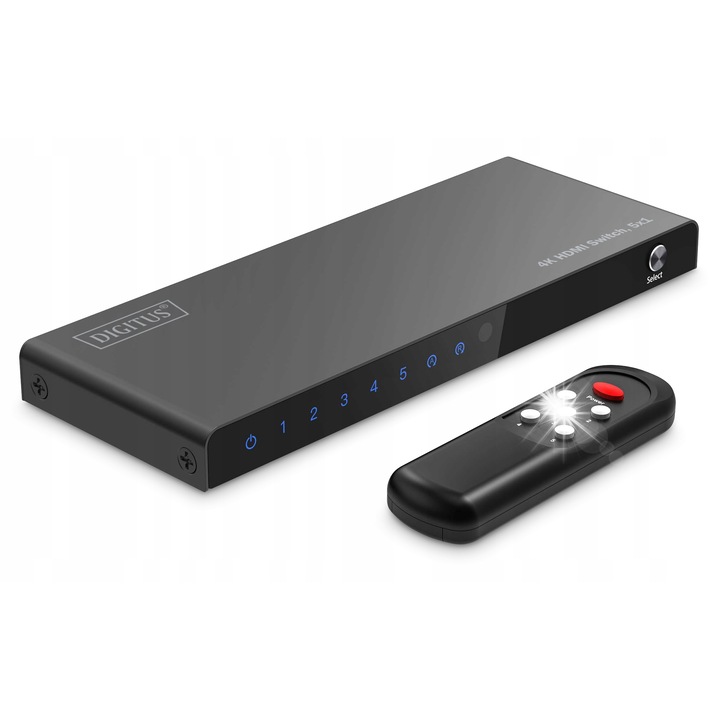 HDMI превключвател Digitus 5x1 4K, 18 Gbps, с дистанционно управление, размери 16x6.2x1.4cm