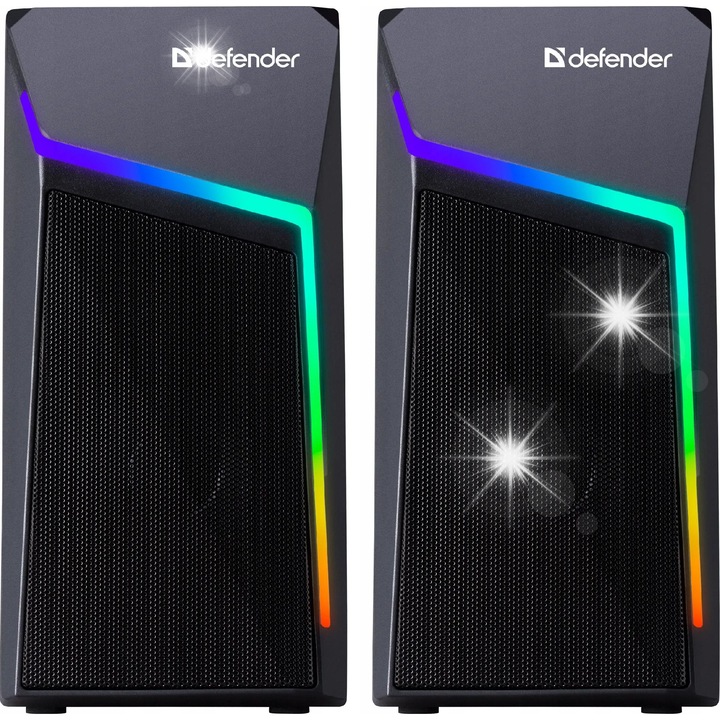 Компютърни тонколони 2.0 Defender, USB, RGB подсветка, черни, 2x2.5"