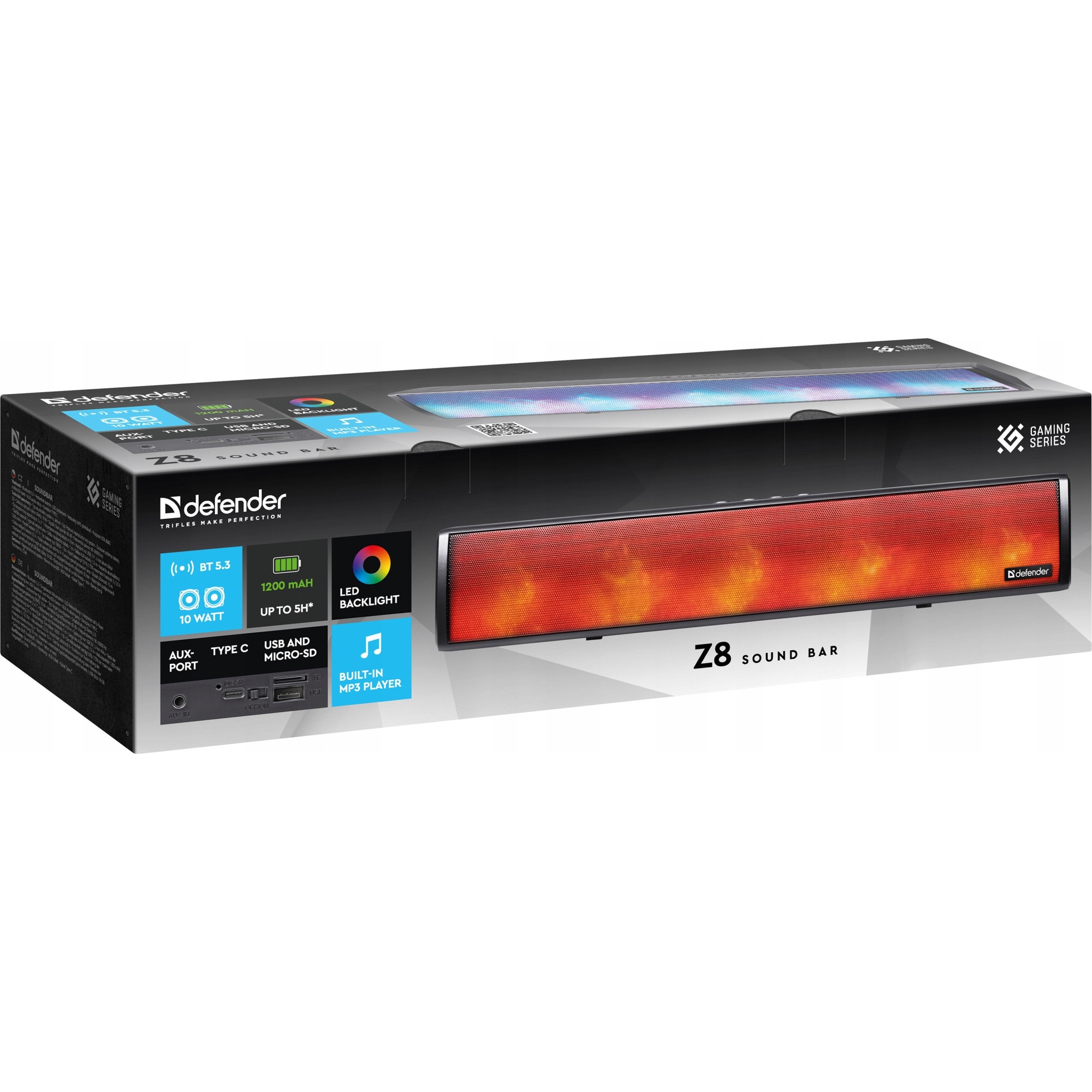 Soundbar Defender Z8, 10W, Bluetooth 5.3, LED, 8.80x7.20x40cm, Negru