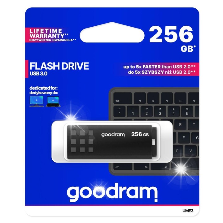 Pendrive 256GB, Goodram, USB 3.0, fekete, 55x21mm