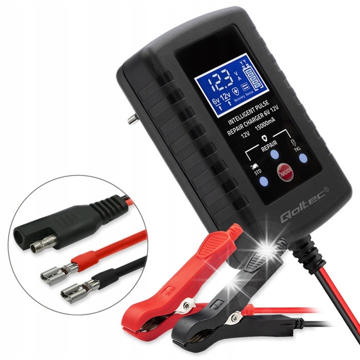 Automata töltő AGM GEL STD 6V/12V, 2A akkumulátorokhoz, javító funkcióval, fekete, 40x58x95mm