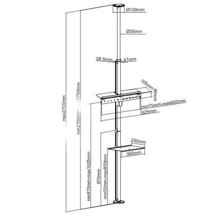 Подова стойка за телевизор Techly 37"-70", 30кг, сребристо-черна, VESA 200x200-600x400