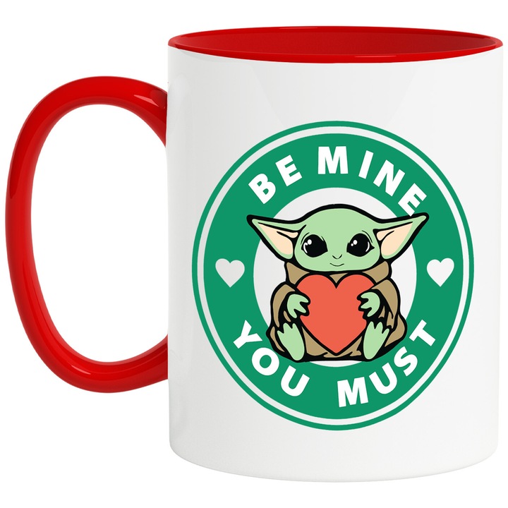 Cana Cu Baby Yoda – Design Star Wars, Cadou Magic si Nostalgic, Ceramica, 330ML, Cu Maner si Interior Rosu