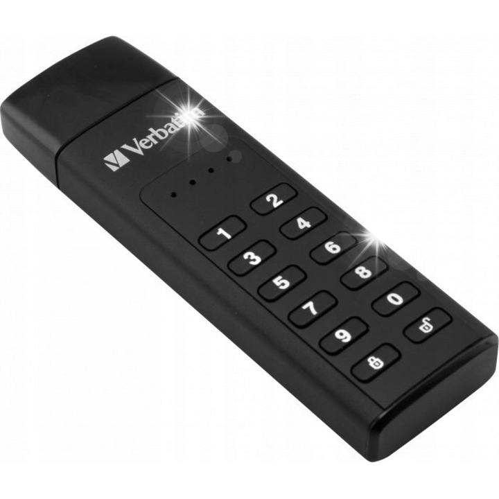 Флашка Verbatim Keypad Secure, 128 GB, USB 3.0, 256-битово криптиране, черна, 93.5x28x12 мм