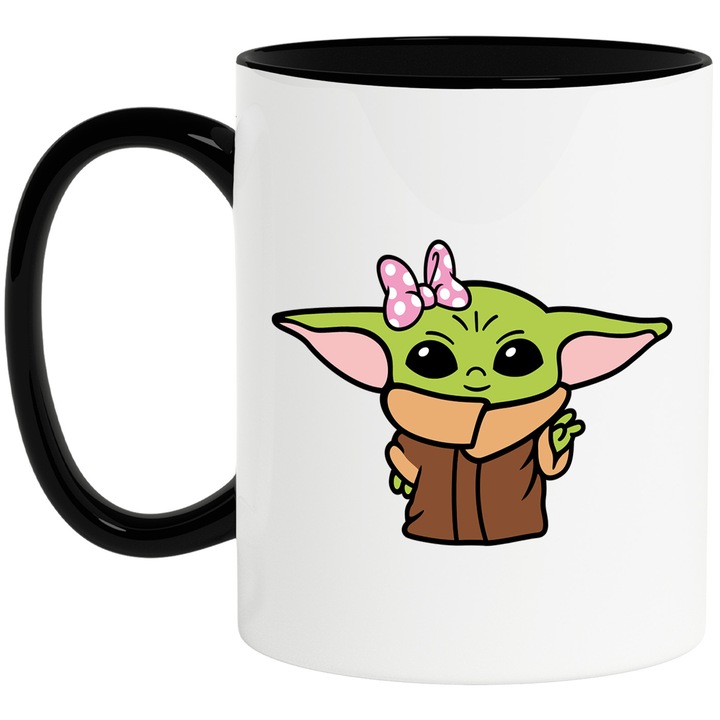 Cana Cu Baby Yoda – Personaj Amuzant, Cadou Fermecator si Colorat, Ceramica, 330ML, Cu Maner si Interior Negru