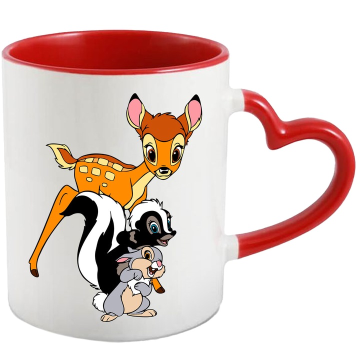 Cana Cu Bambi – Design Disney Clasic, Cadou Colorat si Amuzant, Ceramica, 330ML, Cu Maner Inima Rosie si Interior Rosu