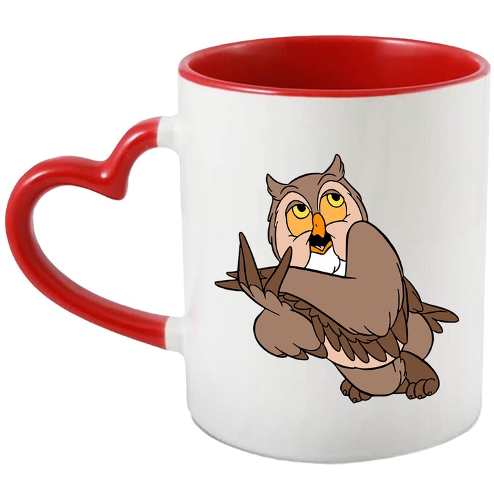 Cana Cu Bufnita din Bambi – Erou Disney Nostalgic, Cadou Inspirat si Aventuros, Ceramica, 330ML, Cu Maner Inima Rosie si Interior Rosu