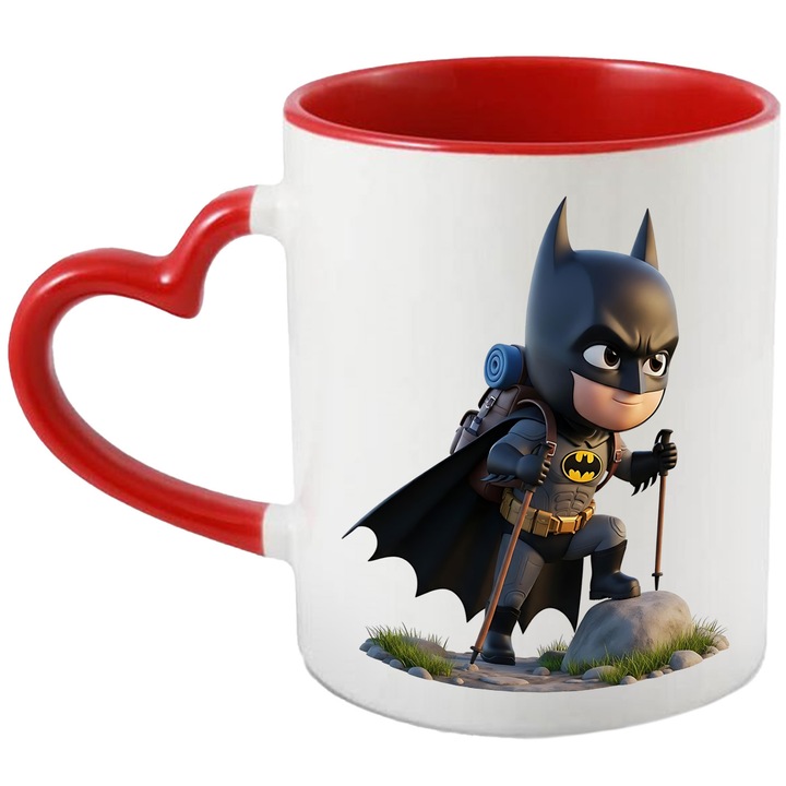 Cana Cu Batman – Personaj DC Vesel, Cadou Amuzant si Fermecator, Ceramica, 330ML, Cu Maner Inima Rosie si Interior Rosu