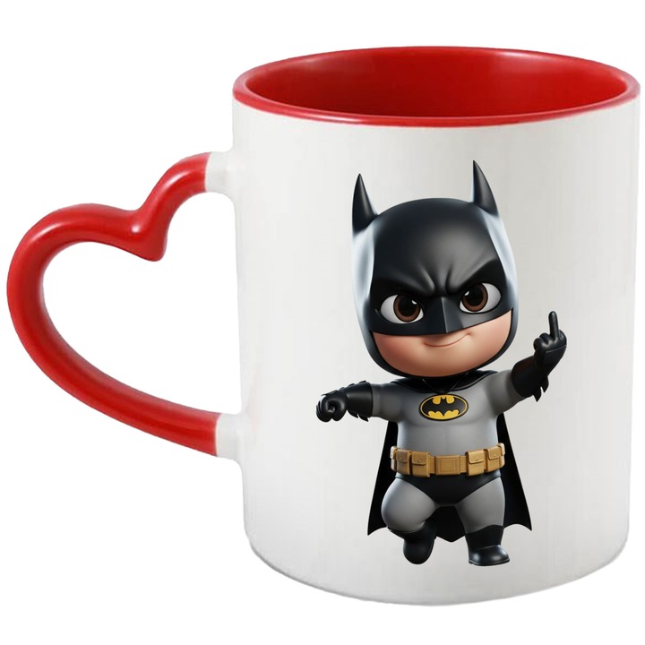 Cana Cu Batman – Erou Aventuros DC, Cadou Inspirat si Vesel, Ceramica, 330ML, Cu Maner Inima Rosie si Interior Rosu