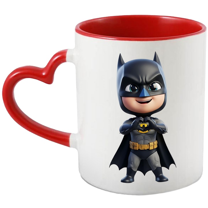 Cana Cu Batman – Poveste DC Clasica, Cadou Nostalgic si Magic, Ceramica, 330ML, Cu Maner Inima Rosie si Interior Rosu