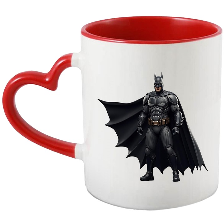 Cana Cu Batman – Personaj DC Iubit, Cadou Fermecator si Colorat, Ceramica, 330ML, Cu Maner Inima Rosie si Interior Rosu