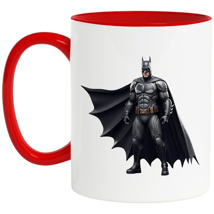 Cana Cu Batman – Personaj DC Iubit, Cadou Fermecator si Colorat, Ceramica, 330ML, Cu Maner si Interior Rosu