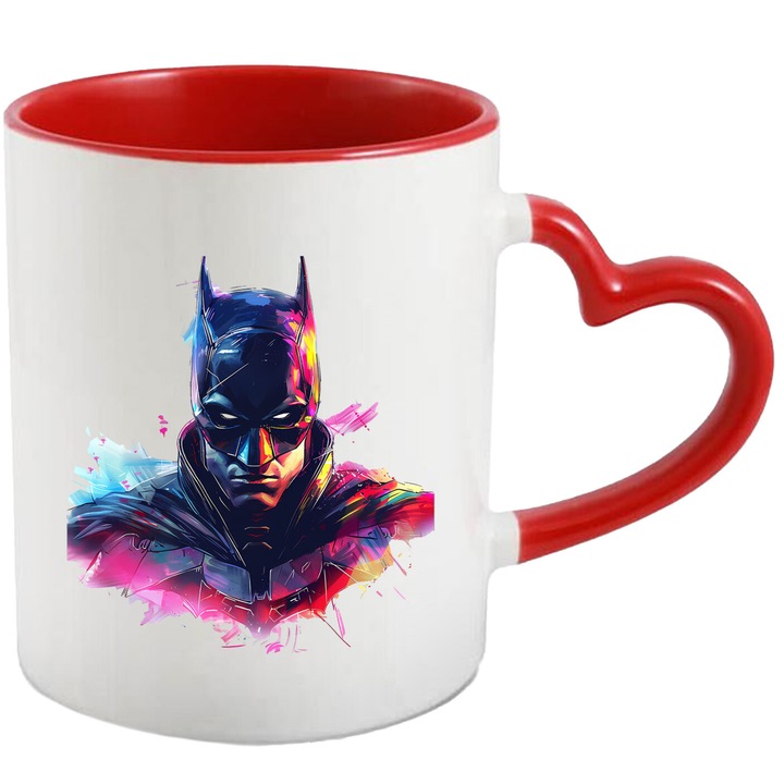 Cana Cu Batman – Personaj Iconic Gotham, Cadou Colorat si Fermecator, Ceramica, 330ML, Cu Maner Inima Rosie si Interior Rosu