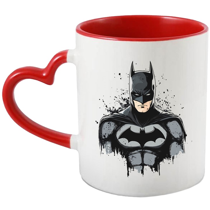 Cana Cu Batman – Personaj DC Clasic, Cadou Nostalgic si Inspirat, Ceramica, 330ML, Cu Maner Inima Rosie si Interior Rosu