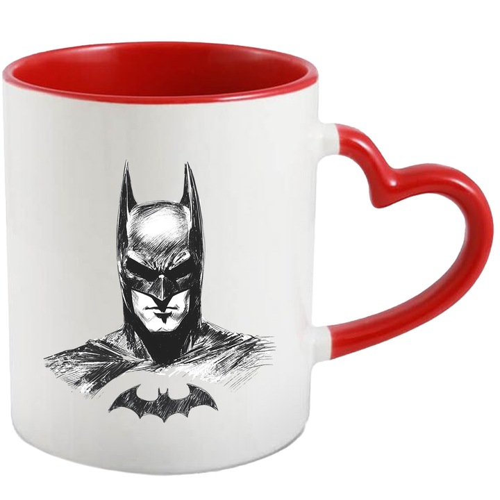 Cana Cu Batman – Erou DC Inspirat, Cadou Aventuros si Colorat, Ceramica, 330ML, Cu Maner Inima Rosie si Interior Rosu