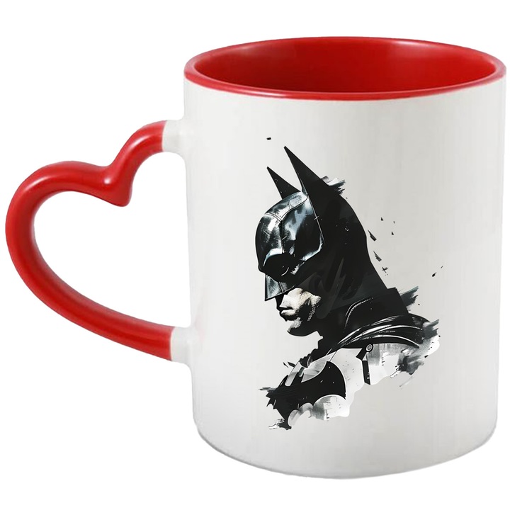 Cana Cu Batman – Personaj Vesel Gotham, Cadou Inspirat si Aventuros, Ceramica, 330ML, Cu Maner Inima Rosie si Interior Rosu