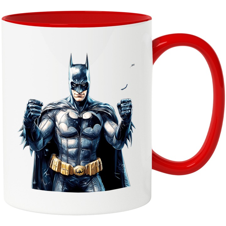 Cana Cu Batman – Personaj DC Iubit, Cadou Fermecator si Nostalgic, Ceramica, 330ML, Cu Maner si Interior Rosu