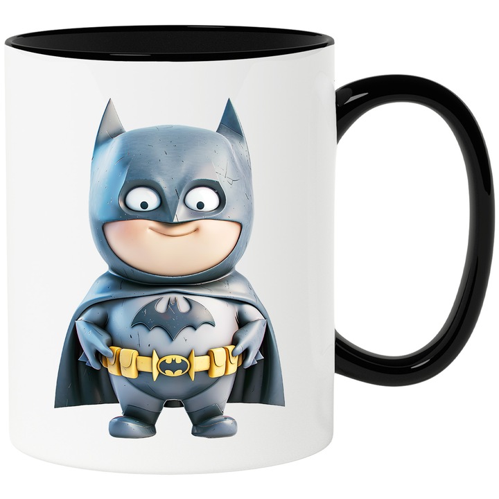 Cana Cu Batman – Poveste DC Aventuroasa, Cadou Inspirat si Colorat, Ceramica, 330ML, Cu Maner si Interior Negru