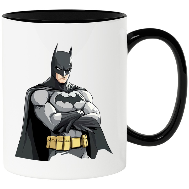Cana Cu Batman – Poveste Aventuroasa DC, Cadou Inspirat si Fermecator, Ceramica, 330ML, Cu Maner si Interior Negru