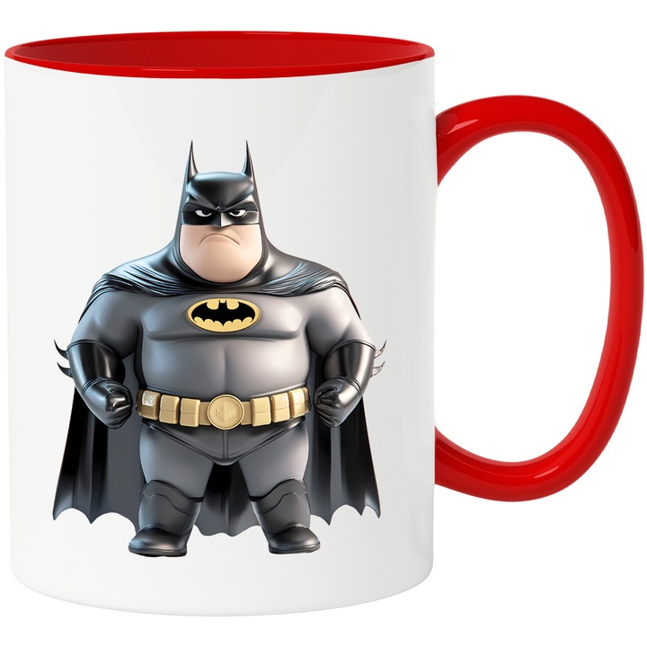 Cana Cu Batman – Cavalerul Intunecat Aventuros, Cadou Colorat si Amuzant, Ceramica, 330ML, Cu Maner si Interior Rosu