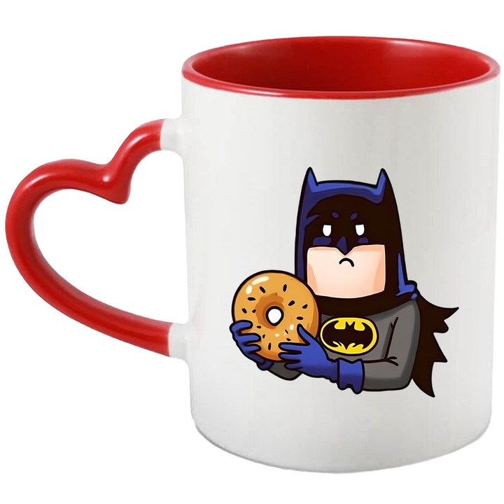 Cana Cu Batman – Design Gotham Iconic, Cadou Colorat si Magic, Ceramica, 330ML, Cu Maner Inima Rosie si Interior Rosu