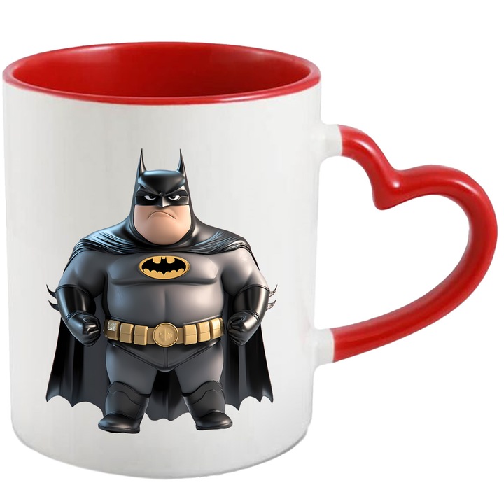 Cana Cu Batman – Cavalerul Intunecat Aventuros, Cadou Colorat si Amuzant, Ceramica, 330ML, Cu Maner Inima Rosie si Interior Rosu