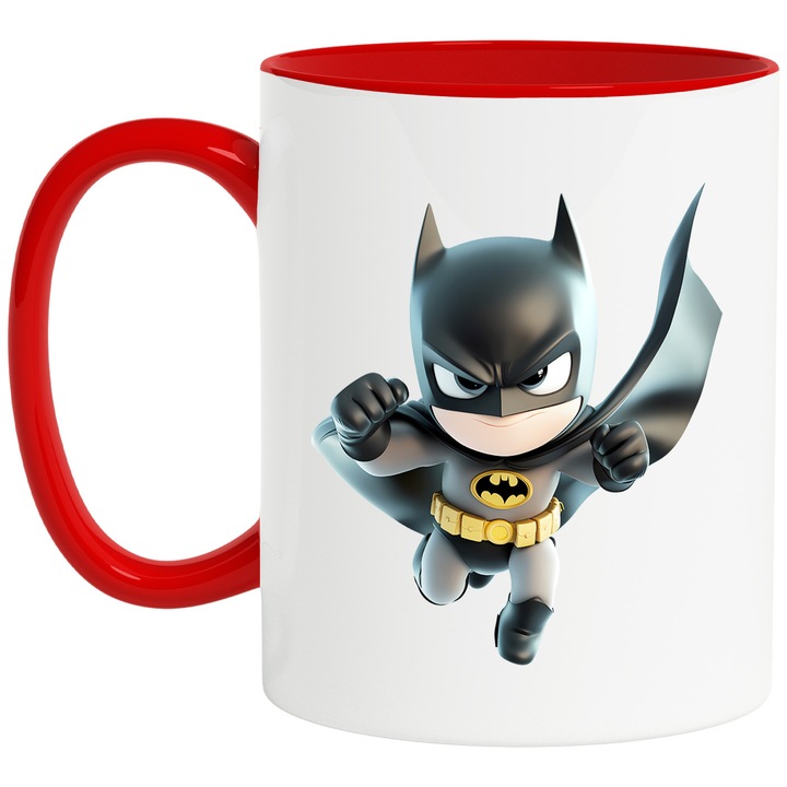 Cana Cu Batman – Personaj Aventuros Gotham, Cadou Colorat si Nostalgic, Ceramica, 330ML, Cu Maner si Interior Rosu
