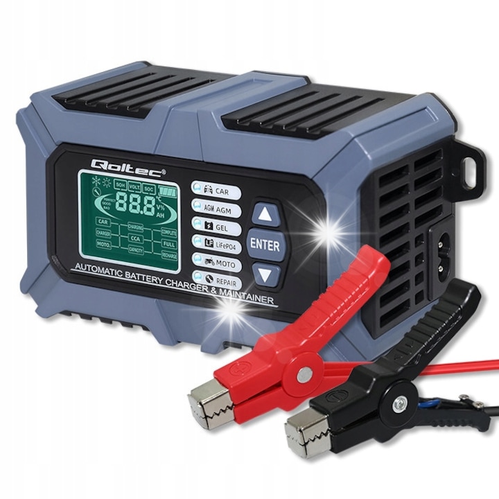 Qoltec intelligens töltő 12V, 6A, akkumulátor tesztelővel és javító funkcióval, LCD, 85x170x55mm