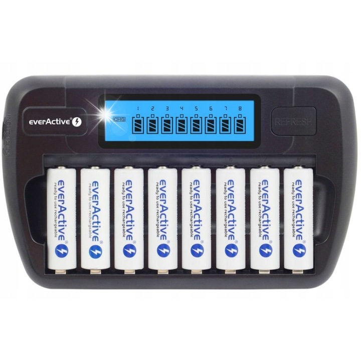 Зарядно устройство EverActive, за 8 Ni-MH AA/AAA батерии, черно, комплект с 12V адаптер за кола