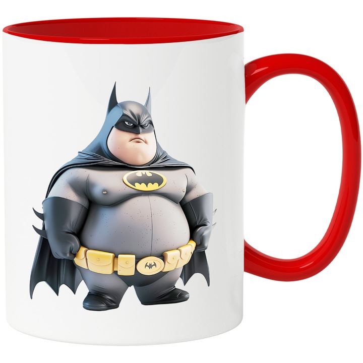 Cana Cu Batman – Personaj Vesel DC Comics, Cadou Aventuros si Inspirat, Ceramica, 330ML, Cu Maner si Interior Rosu